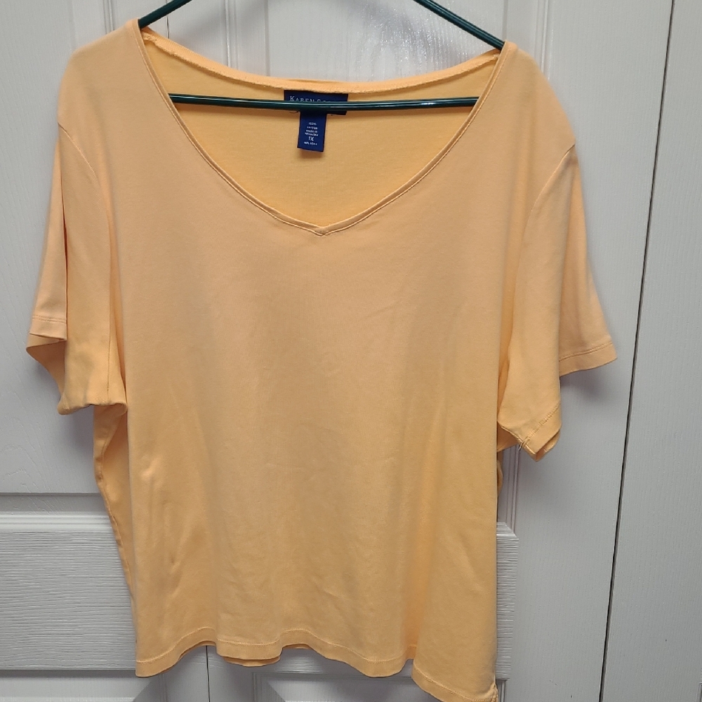 Karen Scott Peach Short Sleeve V-Neck Tee 100% Cotton 1X